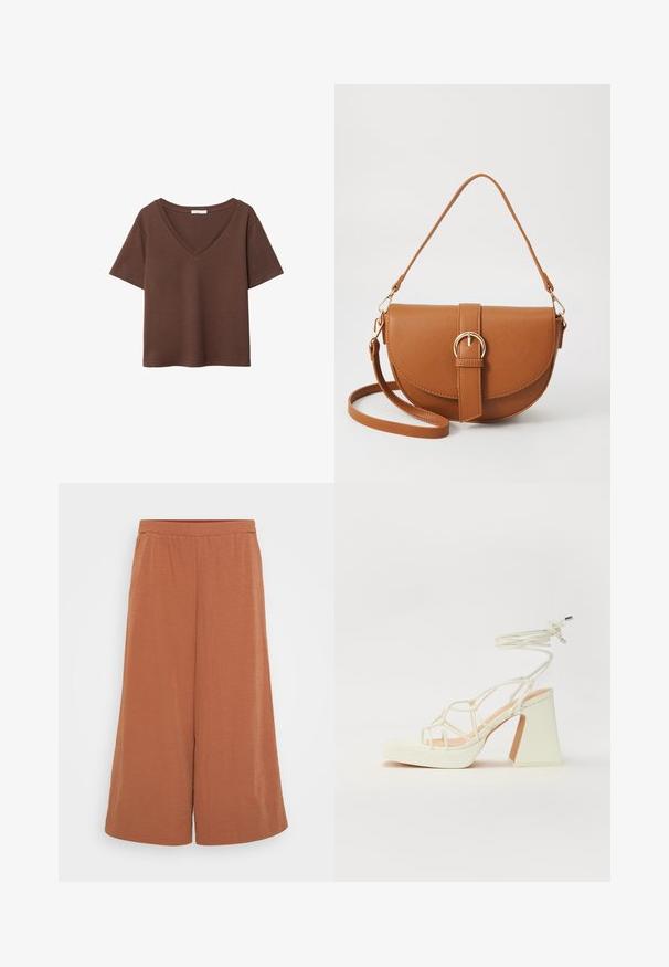 Ruskea puuvillapaita, jossa on lyhyet hihat ja syvä V-kaula-aukko. Yksinkertainen muotoilu, pehmeä rakenne ja suora helma. Ei kuvioita tai yksityiskohtia.; Rustinväriset culotter tillverkade av lätt, krusad tyg. Har ett elastiskt midjeband och vida, flödande ben. Slät textur genom hela plagget.; Valkoinen korkokenkä, jossa on paksu korko, ja joka sisältää nauhakiinnityksen ja nilkkaketjun. Sujuva pinta, jossa on platform-etupohja lisäkorkeutta varten.; Ruskean nahkainen olkalaukku, jossa on kaareva muoto, kultaiset yksityiskohdat ja solkiyksityiskohta. Varustettu irrotettavalla olkahihnalla.