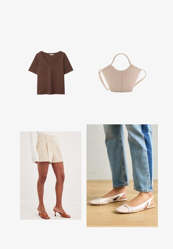 Brun bomulls t-shirt med korta ärmar och djup V-ringning. Enkel design, mjuk textur och rak fåll. Inga mönster eller dekorationer.; Beiga skräddarsydda shorts med veck och sidofickor, tillverkade av ett lätt material. Matchade med bruna klacksandaler med öppen tå.; Ljust rosa slingback-lägenheter med spetsig tå, tillverkade av ett slätt läderliknande material. Har utskurna detaljer på sidorna och en platt häl.; Beige läderhandväska med en unik form, med två korta handtag och ett långt justerbart axelband. Slät textur med minimal hårdvara.
