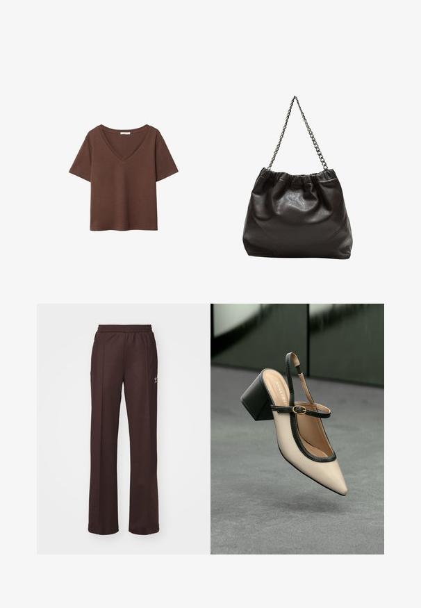 Rjava bombažna majica s kratkimi rokavi in globokim V-izrezom. Preprost dizajn, mehak material in raven rob. Brez vzorcev ali dekorativnih elementov.; Rjave športne hlače z elastičnim pasom, dvema stranskima žepoma in majhnim logotipom na levi strani, izdelane iz mehke tkanine.; Bežna slingback čevlja z uskim sprednjim delom, črnimi detajli, zlatim zaponko in debelim blokovskim peto na sivi tleh s temno zeleno ozadje.; Rjava usnjena torba z nabranim vrhom in verižnim trakom. Gladka tekstura z sijajno površino in subtilnimi šivi na straneh.