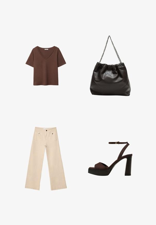 Brun bomulds t-shirt med korte ærmer og dyb V-hals. Enkel design, blød tekstur og lige kant. Ingen mønstre eller detaljer.; Beige breddebenede bukser i blød bomuld med to frontlommer med sølvfarvet hardware, lige snit og pænt afsluttede kanter.; Brune ruskinds højhælede sandal med åben tå, justerbar ankelrem og en stribet plade sål.; Brun lædertaske med en rynket top og en kædestrop. Glat tekstur med en blank finish og subtile sømdetaljer på siderne.