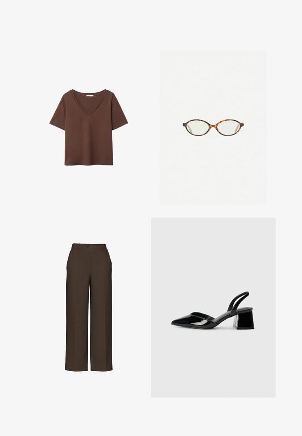 Brun bomulls t-shirt med korta ärmar och djup V-ringning. Enkel design, mjuk textur och rak fåll. Inga mönster eller dekorationer.; Bruna vida byxor i en texturerad tyg, med knäppning, strukturerad midja och pressveck fram.; Svarta lackläder slingback klackar med spetsig tå och geometrisk klack. Har en elegant, minimalistisk design och slät yta.; Sköldpaddsmönstrade glasögon med ovala linser och en elegant, slät yta. Har tunna sidor med en subtil kurva vid tinningarna. Klara linser.