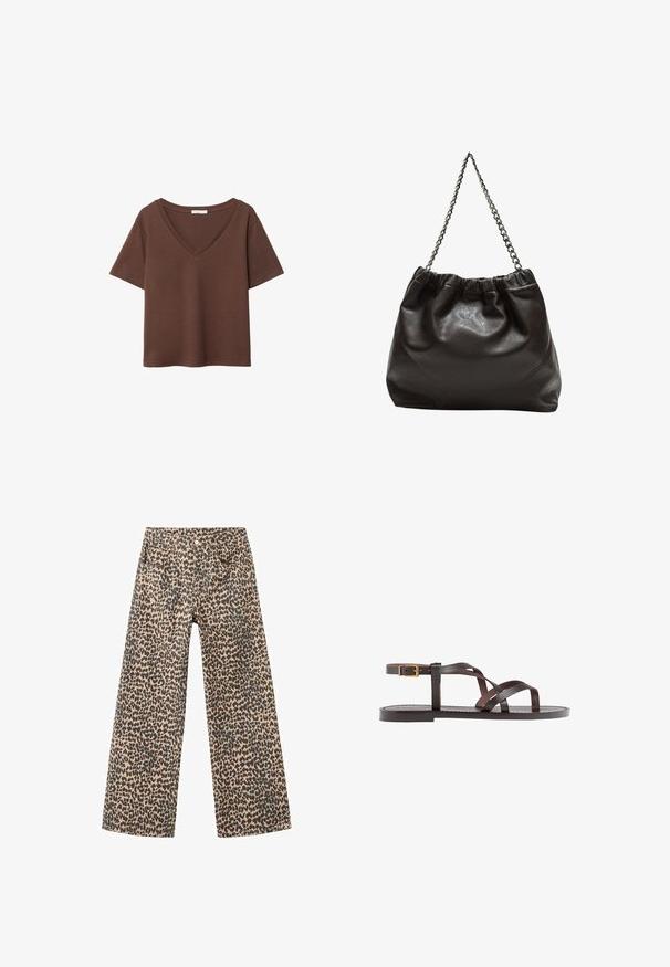 Hnědý bavlněný tričko s krátkými rukávy a hlubokým V-výstřihem. Jednoduchý design, měkká textura a rovný lem. Žádné vzory ani akcenty.; Široké kalhoty vyrobené z denimové tkaniny v béžové barvě s černým leopardím vzorem; mají pět kapes a zapínání na přední knoflík.; Hnědé kožené sandály s kříženými pásky, uzavřením na přezku u kotníku a plochou podrážkou s minimem švů.; Hnědá kožená taška se sbíraným vrškem a řetízkovým popruhem. Hladký povrch s lesklým finišem a jemným švem na bocích.