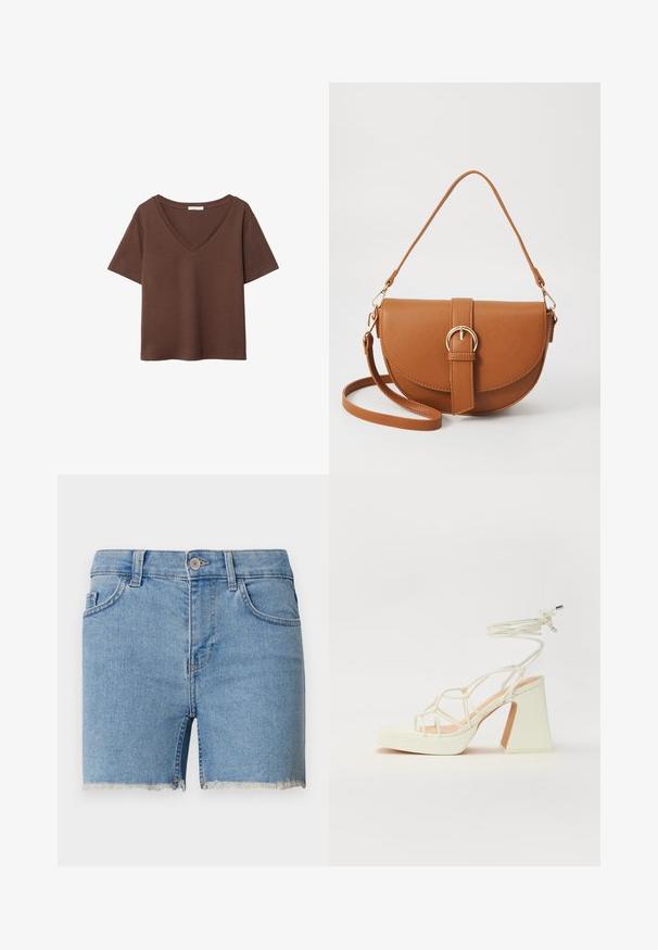 Brązowy bawełniany t-shirt z krótkimi rękawami i głębokim dekoltem w kształcie litery V. Prosty design, miękka faktura i prosty krój u dołu. Brak wzorów i akcentów.; Jasnobłękitne szorty dżinsowe z postrzępionym wykończeniem, pięcioma kieszeniami i pętelkami na pasek. Zapięcie na guzik w pasie.; Biała sandał na wysokim obcasie z masywnym słupkiem, z paskowym wzorem i wiązaniem przy kostce. Gładka faktura z platformą z przodu dla dodatkowej wysokości.; Brązowa skórzana torba na ramię o zaokrąglonym kształcie, ze złotymi akcentami i zapięciem w formie klamry. Posiada odpinany pasek na ramię.