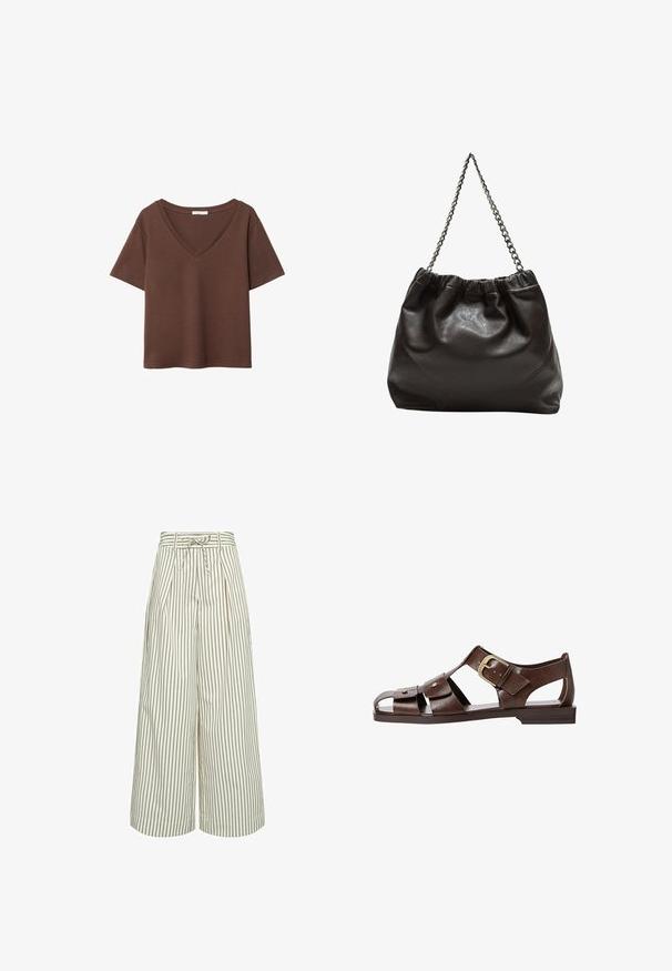 Brązowy bawełniany t-shirt z krótkimi rękawami i głębokim dekoltem w kształcie litery V. Prosty design, miękka faktura i prosty krój u dołu. Brak wzorów i akcentów.; Spodnie szerokie w kolorze kremowym z cienkimi brązowymi pionowymi paskami. Posiadają plisy i pasek do wiązania w talii. Wykonane z gładkiego materiału.; Brązowe skórzane sandały z wycięciami, regulowanym zapięciem po boku i płaską podeszwą, z metalowymi akcentami i otwartym noskiem.; Brązowa skórzana torba z marszczonym szczytem i łańcuszkowym paskiem. Gładka tekstura z błyszczącym wykończeniem i subtelnymi detalami szwów po bokach.