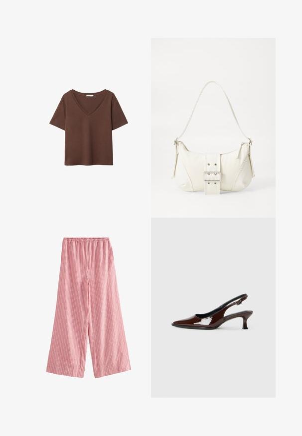 Hnědý bavlněný tričko s krátkými rukávy a hlubokým V-výstřihem. Jednoduchý design, měkká textura a rovný lem. Žádné vzory ani akcenty.; Next TEXTURED STRIPE WIDE LEG - Kalhoty - pink; Hnědé lakované kožené slingback boty s špičatou špičkou a mírným podpatkem. Disponují přezkou pro bezpečné upevnění. Hladký povrch.; Bílá kabelka na rameno s texturovaným povrchem, centrálním akcentem v podobě spony a zakřiveným tvarem. Zipové uzávěry na obou stranách.