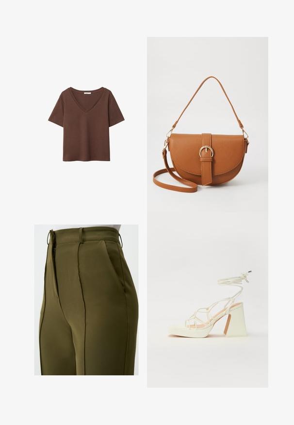 Brown cotton t-shirt with short sleeves and a deep V-neck. Simple design, soft texture, and straight hemline. No patterns or accents.; Olive green tailored trousers with a smooth texture, vertical seams, side pockets, and a zip closure at the waist.; White high-heeled sandal with a chunky heel, featuring a strappy design and ankle tie. Smooth texture with a platform front for added height.; Brown leather crossbody bag with a curved shape, gold hardware, and a buckle accent. Features a detachable shoulder strap.