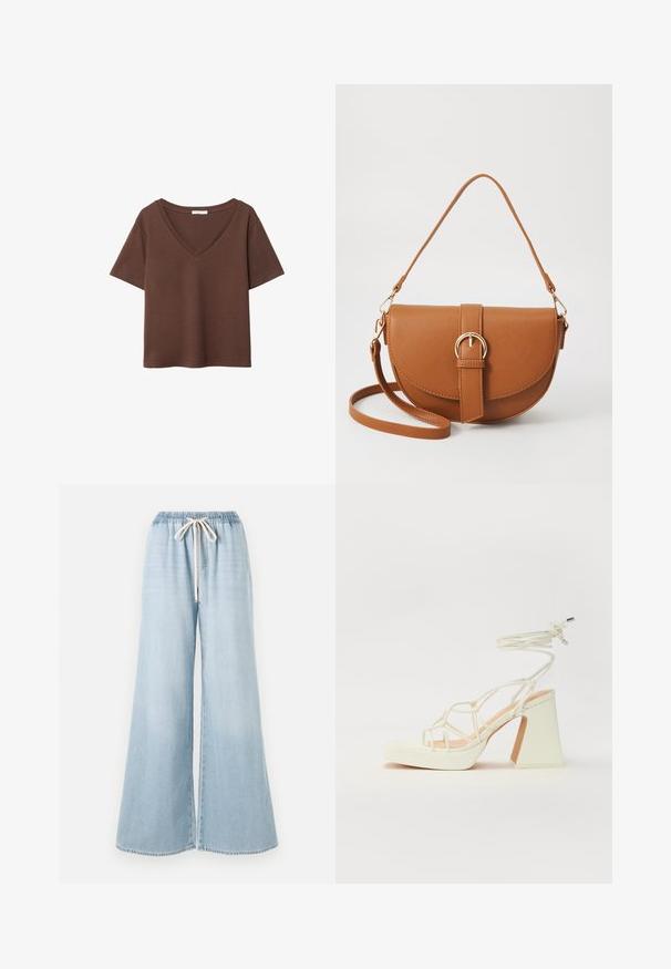 Smeđa pamučna majica kratkih rukava s dubokim V-izrezom. Jednostavan dizajn, mekana tekstura i ravni rub. Bez uzoraka ili naglasaka.; Svijetloplave široke traper hlače, izrađene od denima, s elastičnim pojasom i vezicom te glatkom teksturom.; Bijela sandala na visokoj potpetici s debelim petom, s remenom i vezanjem oko gležnja. Glatka tekstura s platformom sprijeda za dodatnu visinu.; Smeđa kožna torba preko tijela s zakrivljenim oblikom, zlatnim metalnim detaljima i naglaskom na kopču. Ima odvojivu naramenicu.