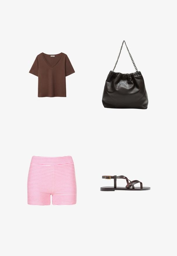 T-shirt in cotone marrone con maniche corte e scollo a V profondo. Design semplice, texture morbida e orlo dritto. Senza fantasie o dettagli.; Pantaloni corti a righe rosa e bianche realizzati in tessuto morbido. Presentano un design aderente e una vita liscia senza dettagli o hardware aggiuntivi.; Sandal in pelle marrone con cinturini incrociati, chiusura con cinturino alla caviglia e suola piatta con dettagli di cucitura minimi.; Borsa in pelle marrone con parte superiore arricciata e tracolla a catena. Texture liscia con finitura lucida e dettagli di cucitura sottili sui lati.