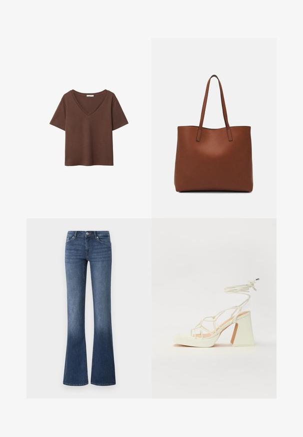 Ruskea puuvillapaita, jossa on lyhyet hihat ja syvä V-kaula-aukko. Yksinkertainen muotoilu, pehmeä rakenne ja suora helma. Ei kuvioita tai yksityiskohtia.; Farkut, joissa on levenevät lahkeet, valmistettu denimistä, keskipesua, viisi taskua, vetoketju ja nappisulku. Tasainen pinta.; Valkoinen korkokenkä, jossa on paksu korko, ja joka sisältää nauhakiinnityksen ja nilkkaketjun. Sujuva pinta, jossa on platform-etupohja lisäkorkeutta varten.; Ruskea nahkainen olkalaukku, jossa on sileä pinta, avoin yläosa ja kaksi olkahihnaa. Omaavat vain minimaalisen ompelun eikä näkyvää metalliosaa.