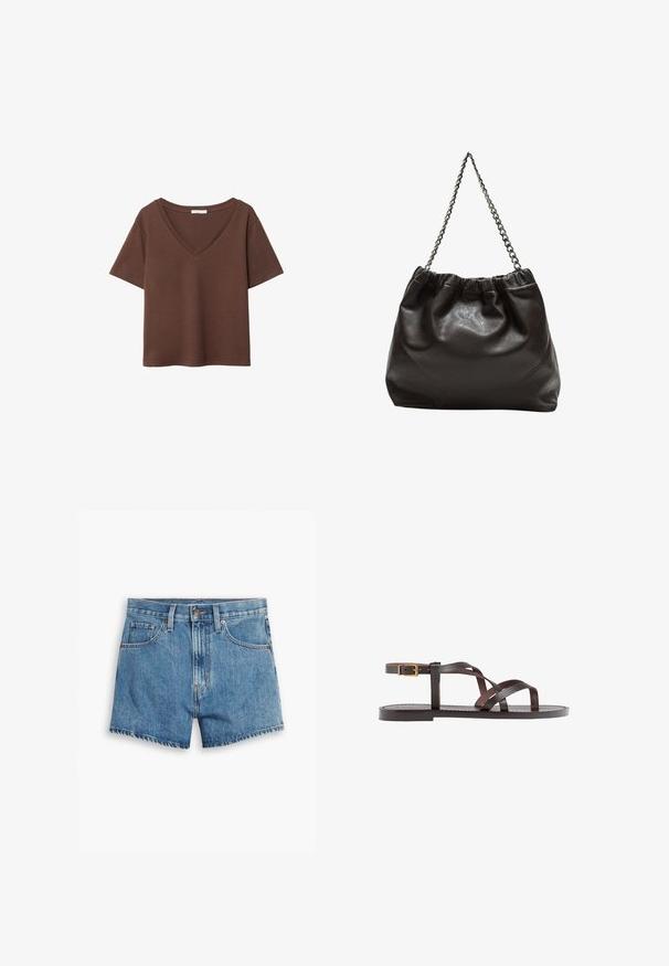 Rjava bombažna majica s kratkimi rokavi in globokim V-izrezom. Preprost dizajn, mehak material in raven rob. Brez vzorcev ali dekorativnih elementov.; Jeans kratke hlače v svetlo modri barvi, z povezavami za pet žepov, zadrgo in gumbom. Rob je razfrcan, oblikovane so v sproščenem kroju.; Rjav usnjen sandal z načinom prečnega črta, zaklepom okoli gležnja in ravnim podplatom z minimalnimi šivi.; Rjava usnjena torba z nabranim vrhom in verižnim trakom. Gladka tekstura z sijajno površino in subtilnimi šivi na straneh.