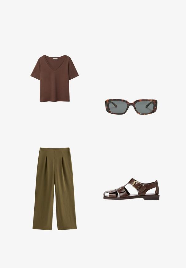 Brązowy bawełniany t-shirt z krótkimi rękawami i głębokim dekoltem w kształcie litery V. Prosty design, miękka faktura i prosty krój u dołu. Brak wzorów i akcentów.; Oliwkowe szerokie spodnie o luźnym kroju z przodu z fałdami, wykonane z lekkiego materiału. Posiadają płaski pas i gładką teksturę.; Brązowe skórzane sandały z wycięciami, regulowanym zapięciem po boku i płaską podeszwą, z metalowymi akcentami i otwartym noskiem.; Okulary przeciwsłoneczne w kratkę w kształcie prostokątnym, z grubymi oprawkami i ciemnymi szkłami. Gładka faktura i minimalistyczny design.