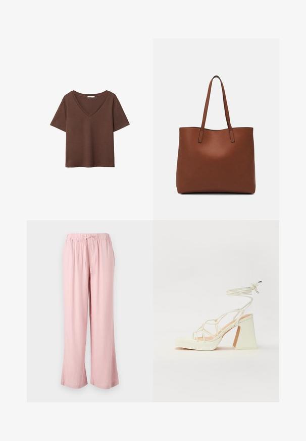 Bruine katoenen t-shirt met korte mouwen en een diepe V-hals. Eenvoudig ontwerp, zachte textuur en rechte zoom. Geen patronen of accenten.; Lichtroze wijde broek gemaakt van zachte stof, met een elastische tailleband en een trekkoord. Het ontwerp heeft een ontspannen pasvorm en rechte benen.; Witte hoge hakken sandaal met een chunky hak, met een bandjesontwerp en enkelband. Gladde textuur met een plateau voor extra hoogte.; Bruine leren tote bag met een gladde textuur, een ontwerp met een open bovenkant en twee schouderbanden. Kenmerkt zich door minimale stiksels en geen zichtbare hardware.