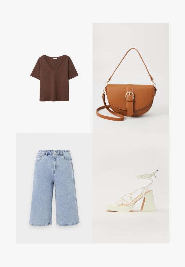 T-shirt en coton brun avec des manches courtes et un décolleté en V profond. Design simple, texture douce et ourlet droit. Pas de motifs ni d'accents.; Object OBJISR BERMUDA - Short en jean - medium blue denim; Sandale blanche à talons hauts avec un talon épais, présentant un design à lanières et un lien autour de la cheville. Texture lisse avec une plateforme à l'avant pour une hauteur supplémentaire.; Sac bandoulière en cuir marron avec une forme incurvée, quincaillerie dorée et un accent en boucle. Comprend une bandoulière détachable.