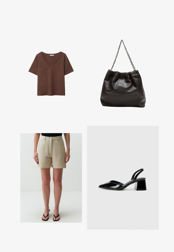 T-shirt en coton brun avec des manches courtes et un décolleté en V profond. Design simple, texture douce et ourlet droit. Pas de motifs ni d'accents.; Jimmy Key HIGH WAIST WITH POCKETS - Short - stoned; Escarpins en cuir verni noir avec bout pointu et talon bloc géométrique. Présente un design élégant et minimaliste ainsi qu'une texture lisse.; Sac en cuir marron avec un haut froncé et une bandoulière en chaîne. Texture lisse avec une finition brillante et des coutures subtiles sur les côtés.