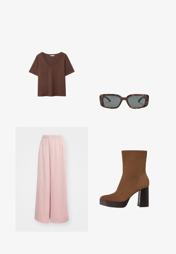 Hnedé bavlnené tričko s krátkymi rukávmi a hlbokým V-výstrihom. Jednoduchý dizajn, jemná textúra a rovný lem. Bez vzorov alebo akcentov.; Svetloružové široké nohavice s elastickým pásom. Hladká tkanina s bočnými vreckami a jemným brandingom na ľavom stehne.; Hnedé z semišu členkové topánky s okrúhlou špičkou, robustným čiernym pruhovaným podpätkom a hladkým povrchom. Vyhotovenie je prispôsobené bez viditeľných kovových prvkov.; Rámiky slnečných okuliarov v štýle korytnačiny s obdĺžnikovými šošovkami, hrubými rámami a tmavými tónovanými šošovkami. Hladký povrch a minimalistický dizajn.