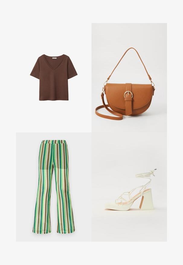 Ruskea puuvillapaita, jossa on lyhyet hihat ja syvä V-kaula-aukko. Yksinkertainen muotoilu, pehmeä rakenne ja suora helma. Ei kuvioita tai yksityiskohtia.; Kudotut leveät housut, joissa on zigzag-kuvio eri vihreän, ruskean ja kerman sävyissä; joustava vyötärö; teksturoitu pinta.; Valkoinen korkokenkä, jossa on paksu korko, ja joka sisältää nauhakiinnityksen ja nilkkaketjun. Sujuva pinta, jossa on platform-etupohja lisäkorkeutta varten.; Ruskean nahkainen olkalaukku, jossa on kaareva muoto, kultaiset yksityiskohdat ja solkiyksityiskohta. Varustettu irrotettavalla olkahihnalla.