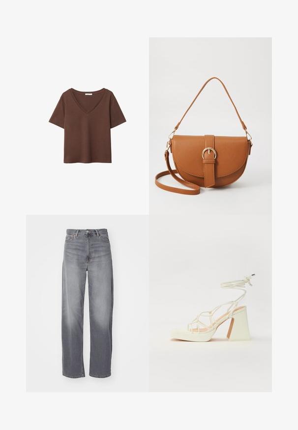 Ruskea puuvillapaita, jossa on lyhyet hihat ja syvä V-kaula-aukko. Yksinkertainen muotoilu, pehmeä rakenne ja suora helma. Ei kuvioita tai yksityiskohtia.; Weekday RAIL MID LOOSE STRAIGHT - Straight leg -farkut - misty grey; Valkoinen korkokenkä, jossa on paksu korko, ja joka sisältää nauhakiinnityksen ja nilkkaketjun. Sujuva pinta, jossa on platform-etupohja lisäkorkeutta varten.; Ruskean nahkainen olkalaukku, jossa on kaareva muoto, kultaiset yksityiskohdat ja solkiyksityiskohta. Varustettu irrotettavalla olkahihnalla.
