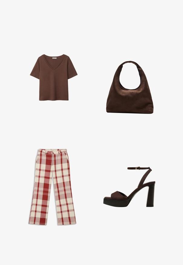 Hnedé bavlnené tričko s krátkymi rukávmi a hlbokým V-výstrihom. Jednoduchý dizajn, jemná textúra a rovný lem. Bez vzorov alebo akcentov.; Thinking Mu HERMIONE - Nohavice - red; Hnedé semišové sandále na vysokom podpätku s otvorenou špičkou, nastaviteľným členkovým remienkom a pruhovanou platformovou podrážkou.; Svetlohnedá kabelka v štýle hobo s jedným širokým popruhom a zakriveným otváraním na vrchu, vystavená na bielom pozadí.