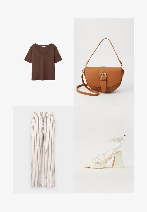 Brun bomulds t-shirt med korte ærmer og dyb V-hals. Enkel design, blød tekstur og lige kant. Ingen mønstre eller detaljer.; Linnedragter med vertikale marineblå striber, elastisk talje og snøre detaljer. Løs pasform med lige ben og blød tekstur.; Hvide højhælede sandaler med en kraftig hæl, der har et stropdesign og ankelbinding. Glat tekstur med en platform foran for ekstra højde.; Brun læder crossbody taske med en buet form, guldfarvet hardware og en spændeaccent. Har en aftagelig skulderrem.