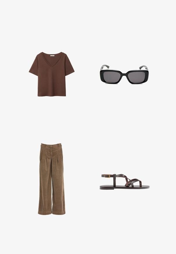 Hnědý bavlněný tričko s krátkými rukávy a hlubokým V-výstřihem. Jednoduchý design, měkká textura a rovný lem. Žádné vzory ani akcenty.; Hnědé manšestrové kalhoty širokého střihu s předními sklady, zapínáním na knoflík a strukturovanou tkaninou. Mají vysoký pas a rovné nohavice.; Hnědé kožené sandály s kříženými pásky, uzavřením na přezku u kotníku a plochou podrážkou s minimem švů.; Černé obdélníkové sluneční brýle s tmavými skly, hladkým plastovým rámem a zakřivenými stranicemi. Design je robustní s minimalistickou estetikou.
