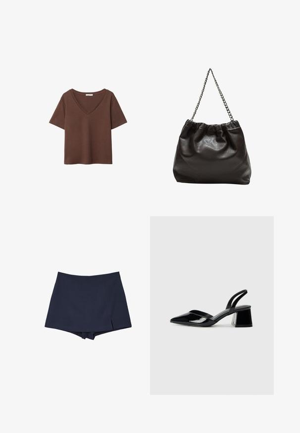 Braunes Baumwoll-T-Shirt mit kurzen Ärmeln und tiefem V-Ausschnitt. Einfaches Design, weiche Textur und gerade Saumlinie. Keine Muster oder Akzente.; Marineblaue Skort mit einem Wickel-Design vorne und kurzer Länge, mit einem kleinen Schlitz auf der rechten Seite.; Schwarze Lackleder-Slingback-High Heels mit spitzem Schuh und einem geometrischen Blockabsatz. Verfügt über ein schlankes, minimalistisches Design und eine glatte Textur.; Braune Lederhandtasche mit gerafftem Oberteil und Kettenriemen. Glatte Textur mit glänzendem Finish und subtilen Nahtdetails an den Seiten.