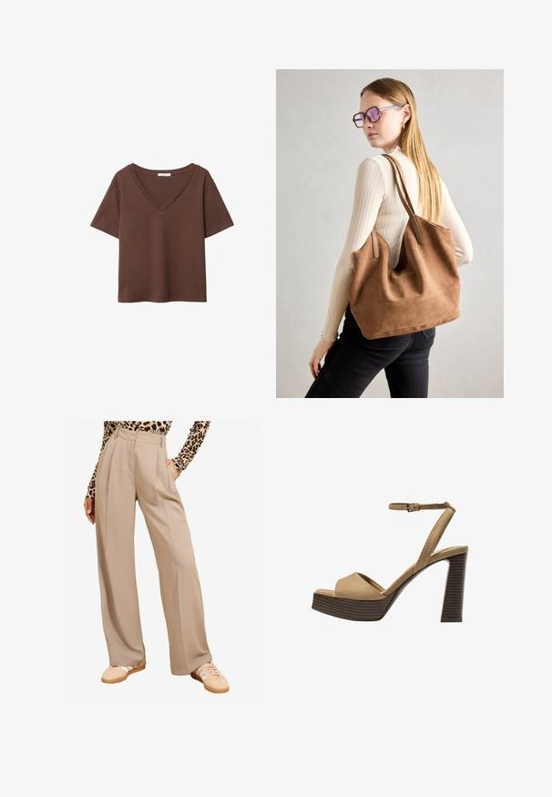 Ruskea puuvillapaita, jossa on lyhyet hihat ja syvä V-kaula-aukko. Yksinkertainen muotoilu, pehmeä rakenne ja suora helma. Ei kuvioita tai yksityiskohtia.; Beige levele tirkoja z gajami, ki imajo žepke in gladko teksturo. Ujemajo se z bež športnimi copati in topom z leopardjim vzorcem.; Beige-nahkareunaiset korkokengät, joissa on leveä etuolka ja ankle strap, varustettu paksulla puukengän korolla, jossa on tekstuuripinta.; Ruskea nubukkivuoriolaukku, jossa on pehmeä rakenne, tilava avaus ja pitkät hihnat. Ominaisuuksiin kuuluu yksinkertainen muotoilu näkyvine ompeleineen ja ilman metalliosia.