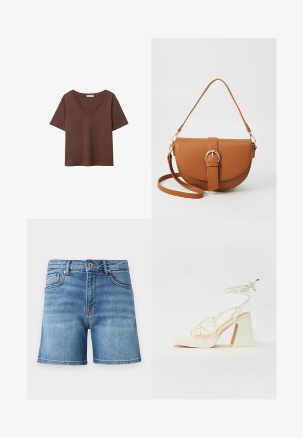 Ruskea puuvillapaita, jossa on lyhyet hihat ja syvä V-kaula-aukko. Yksinkertainen muotoilu, pehmeä rakenne ja suora helma. Ei kuvioita tai yksityiskohtia.; Farkkutrikoot vaaleansinisessä sävyssä, klassisella viiden taskun muotoilulla, kevyellä kulumisella, suoralinjaisella istuvuudella ja ommellulla helmallä.; Valkoinen korkokenkä, jossa on paksu korko, ja joka sisältää nauhakiinnityksen ja nilkkaketjun. Sujuva pinta, jossa on platform-etupohja lisäkorkeutta varten.; Ruskean nahkainen olkalaukku, jossa on kaareva muoto, kultaiset yksityiskohdat ja solkiyksityiskohta. Varustettu irrotettavalla olkahihnalla.