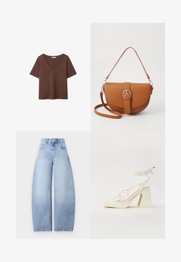 Smeđa pamučna majica kratkih rukava s dubokim V-izrezom. Jednostavan dizajn, mekana tekstura i ravni rub. Bez uzoraka ili naglasaka.; Svijetloplave, široke traperice. Visoki struk s pet džepova i kopčanjem na gumb. Čist završetak bez vidljivih uzoraka.; Bijela sandala na visokoj potpetici s debelim petom, s remenom i vezanjem oko gležnja. Glatka tekstura s platformom sprijeda za dodatnu visinu.; Smeđa kožna torba preko tijela s zakrivljenim oblikom, zlatnim metalnim detaljima i naglaskom na kopču. Ima odvojivu naramenicu.