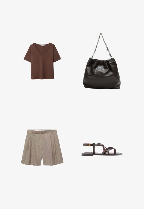 Brun bomulds t-shirt med korte ærmer og dyb V-hals. Enkel design, blød tekstur og lige kant. Ingen mønstre eller detaljer.; Beige plisserede shorts lavet af stof med lodrette striber. Har en taljebånd med bæltestropper og en lige snit.; Brune lædersandal med krydsende stropper, ankelspænde og en flad sål med minimale syninger.; Brun lædertaske med en rynket top og en kædestrop. Glat tekstur med en blank finish og subtile sømdetaljer på siderne.