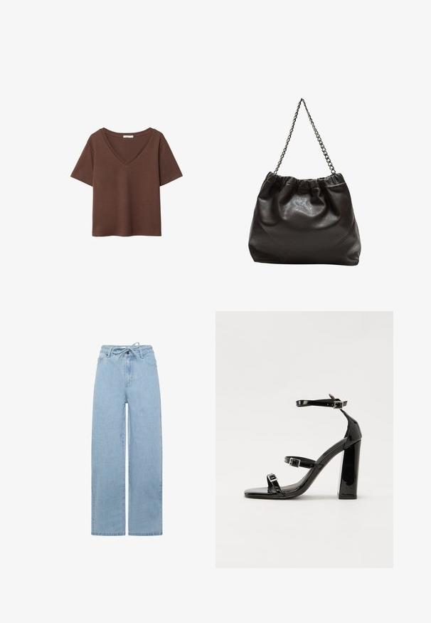 Brązowy bawełniany t-shirt z krótkimi rękawami i głębokim dekoltem w kształcie litery V. Prosty design, miękka faktura i prosty krój u dołu. Brak wzorów i akcentów.; Jasnoniebieskie spodnie dżinsowe o szerokich nogawkach, wykonane z denimu, z elastycznym ściągaczem w pasie i standardowym pięciopocketowym wzorem. Materiał ma gładką fakturę.; Czarne lakierowane sandały na obcasie z kwadratowym noskiem, z paskami wokół kostki i srebrnymi klamrami. Posiadają masywny słupek dla stabilności.; Brązowa skórzana torba z marszczonym szczytem i łańcuszkowym paskiem. Gładka tekstura z błyszczącym wykończeniem i subtelnymi detalami szwów po bokach.