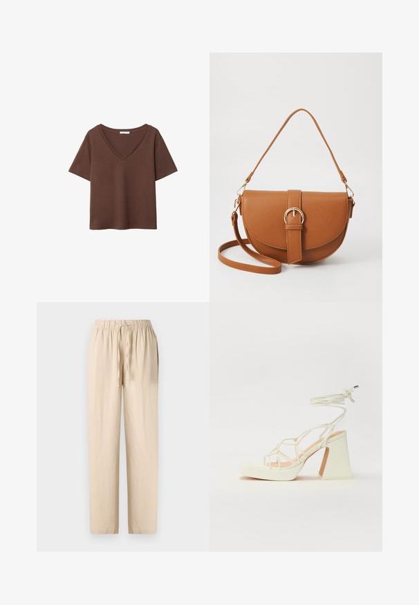 Hnědý bavlněný tričko s krátkými rukávy a hlubokým V-výstřihem. Jednoduchý design, měkká textura a rovný lem. Žádné vzory ani akcenty.; Beige lněné kalhoty s elastickým páskem na stahování, rovný střih a jemná textura. Lehce nositelná a prodyšná látka.; Bílé sandály na vysokém podpatku s robustním podpatkem, s designem s pásky a zavazováním kolem kotníku. Hladký povrch s platformou vpředu pro zvýšení výšky.; Hnědá kožená křížová taška s zakřiveným tvarem, zlatými detaily a akcentem s přezkou. Obsahuje odnímatelný popruh na rameno.