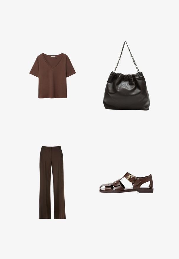Smeđa pamučna majica kratkih rukava s dubokim V-izrezom. Jednostavan dizajn, mekana tekstura i ravni rub. Bez uzoraka ili naglasaka.; Smeđe široke hlače s glatkom teksturom, s prednjim zatvaranjem na gumb, petljama za remen i ušivenim detaljima duž prednje strane.; Smeđe kožne sandale s izrezbarenim dizajnom, podesivim bočnim kopčanjem i ravnim potplatom, s metalnim detaljima i otvorenim prstima.; Smeđa kožna torba s naboranim vrhom i lančićem za nošenje. Glatka tekstura s sjajnim završetkom i suptilnim šavnim detaljima sa strane.