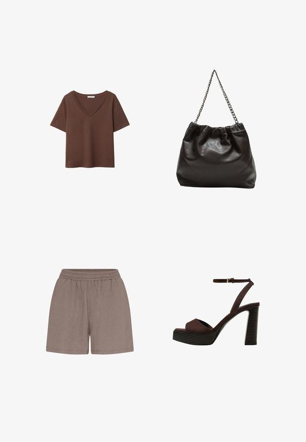 Braunes Baumwoll-T-Shirt mit kurzen Ärmeln und tiefem V-Ausschnitt. Einfaches Design, weiche Textur und gerade Saumlinie. Keine Muster oder Akzente.; Braune, strukturierte Shorts mit einem elastischen Bund. Sie verfügen über eine lockere Passform und eine schlichte Konstruktion, die sich gut für Freizeitbekleidung eignet.; Braune Wildleder-Pumps mit offenem Zeh, verstellbarem Knöchelriemen und gestreiftem Plateausohlen.; Braune Lederhandtasche mit gerafftem Oberteil und Kettenriemen. Glatte Textur mit glänzendem Finish und subtilen Nahtdetails an den Seiten.