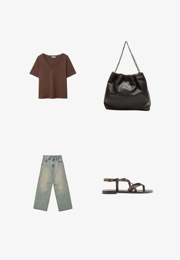 Hnedé bavlnené tričko s krátkymi rukávmi a hlbokým V-výstrihom. Jednoduchý dizajn, jemná textúra a rovný lem. Bez vzorov alebo akcentov.; Džínsy s širokými nohavicami v modrej farbe, so svetlým umývaním, piatimi vreckami a zapínaním na zips s gombíkom. Viditeľné švy pozdĺž lemu.; Hnedé kožené sandály s krížovými popruhmi, uzatváraním na pracku okolo členku a plochou podrážkou s minimálnymi ševmi.; Hnedá kožená taška so zberaným vrchom a reťazovým popruhom. Hladký povrch s lesklým finišom a jemným švom po stranách.