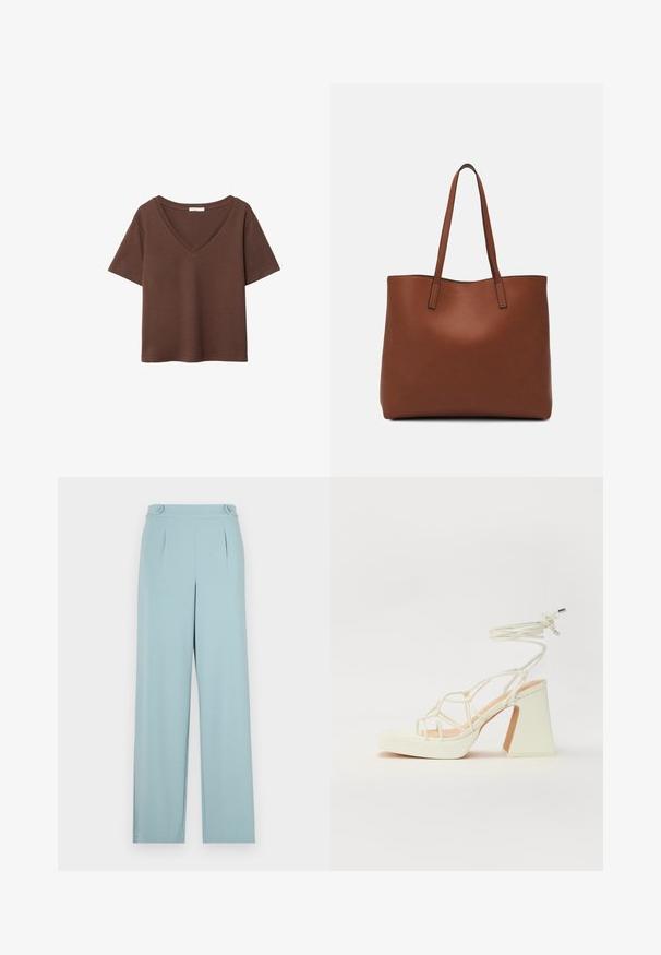 Brązowy bawełniany t-shirt z krótkimi rękawami i głębokim dekoltem w kształcie litery V. Prosty design, miękka faktura i prosty krój u dołu. Brak wzorów i akcentów.; Jasnoniebieskie spodnie o dopasowanym kroju, z zakładkami i guzikami na pasku. Wykonane z gładkiego, lekkiego materiału.; Biała sandał na wysokim obcasie z masywnym słupkiem, z paskowym wzorem i wiązaniem przy kostce. Gładka faktura z platformą z przodu dla dodatkowej wysokości.; Brązowa skórzana torba tote o gładkiej fakturze, z otwartym wierzchem i dwoma ramiączkami. Charakteryzuje się minimalnym przeszyciem i brakiem widocznych elementów metalowych.