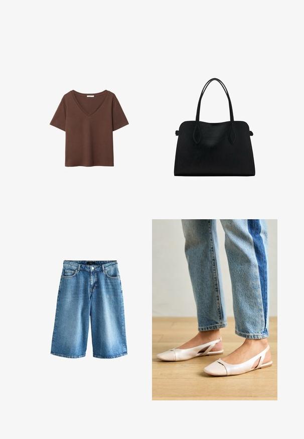Hnedé bavlnené tričko s krátkymi rukávmi a hlbokým V-výstrihom. Jednoduchý dizajn, jemná textúra a rovný lem. Bez vzorov alebo akcentov.; Džínové šortky vo svetlom modrom prevedení, s voľným strihom, štandardným piatym vreckovým dizajnom a pásom so zapínaním na gombík.; Svetloružové slingback baleríny s jemne špicatou špičkou, vyrobené z hladkého materiálu pripomínajúceho kožu. Majú výrezové detaily na stranách a plochý opätok.; Čierna kožená kabelka s dvojitými popruhmi na rameno, obdĺžnikový tvar a minimalistický dizajn na bielom pozadí.
