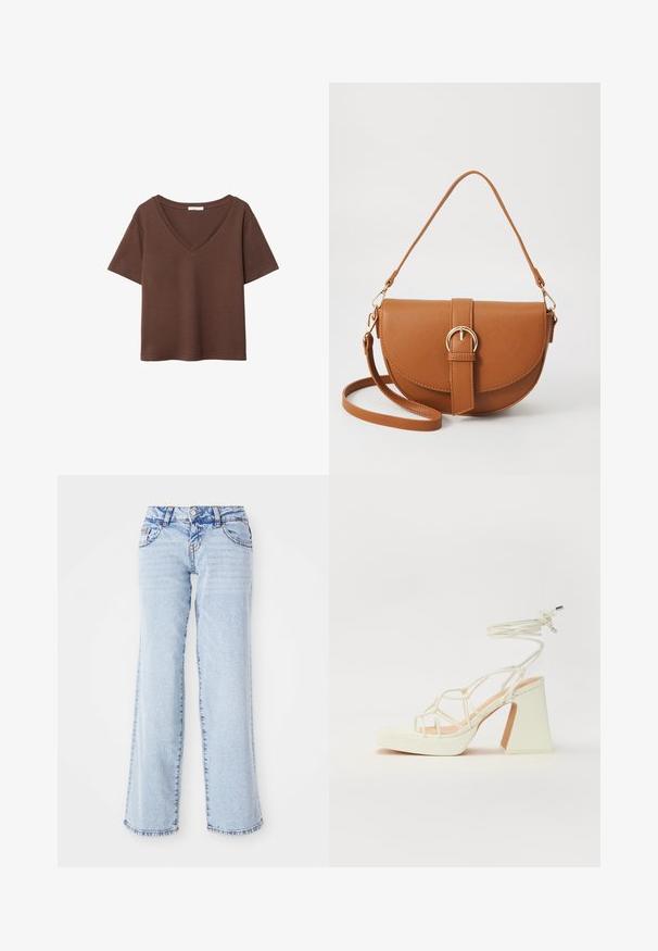 Brown cotton t-shirt with short sleeves and a deep V-neck. Simple design, soft texture, and straight hemline. No patterns or accents.; Light blue denim jeans with a relaxed fit, straight legs, and subtle fading. Features five pockets and belt loops. Distressed hem detail.; White high-heeled sandal with a chunky heel, featuring a strappy design and ankle tie. Smooth texture with a platform front for added height.; Brown leather crossbody bag with a curved shape, gold hardware, and a buckle accent. Features a detachable shoulder strap.