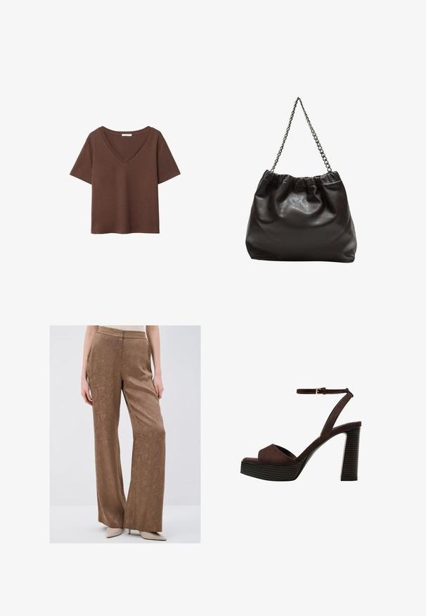 Brun bomulds t-shirt med korte ærmer og dyb V-hals. Enkel design, blød tekstur og lige kant. Ingen mønstre eller detaljer.; Brune, brede bukser lavet af tekstureret stof med et diskret mønster. Har en glat talje og hænger løst fra hofterne.; Brune ruskinds højhælede sandal med åben tå, justerbar ankelrem og en stribet plade sål.; Brun lædertaske med en rynket top og en kædestrop. Glat tekstur med en blank finish og subtile sømdetaljer på siderne.