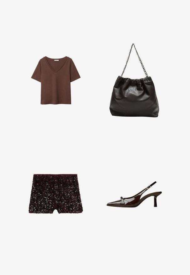Hnědý bavlněný tričko s krátkými rukávy a hlubokým V-výstřihem. Jednoduchý design, měkká textura a rovný lem. Žádné vzory ani akcenty.; Svetříkové bordó šortky s přiléhavým střihem, plně pokryté lesklými černými a stříbrnými flitry, s elastickým pasem.; Hnědé lakované sandály s špičatou špičkou, nízkým podpatkem a dekorativní mašlí na přední části. Hladký, lesklý povrch.; Hnědá kožená taška se sbíraným vrškem a řetízkovým popruhem. Hladký povrch s lesklým finišem a jemným švem na bocích.
