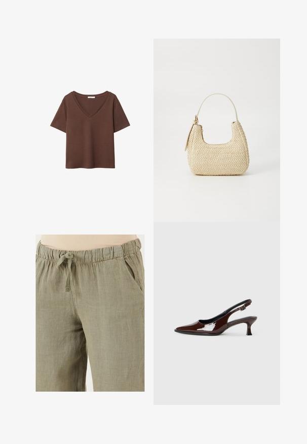 Hnedé bavlnené tričko s krátkymi rukávmi a hlbokým V-výstrihom. Jednoduchý dizajn, jemná textúra a rovný lem. Bez vzorov alebo akcentov.; Svetlo olivovo zelené ľanové nohavice s elastickým pásom a šnúrkou; majú bočné vrecká a uvoľnený strih.; Hnedá lakovaná slingback obuv s špicatou špičkou a mierne vysokým opätkom. Obsahuje pracku pre bezpečné upevnenie. Hladká textúra.; Tkaná slamenná kabelka v béžovej farbe s oblým tvarom, krátkym uškom a bočným zipsom. Má textúrovaný povrch a minimalistický dizajn.