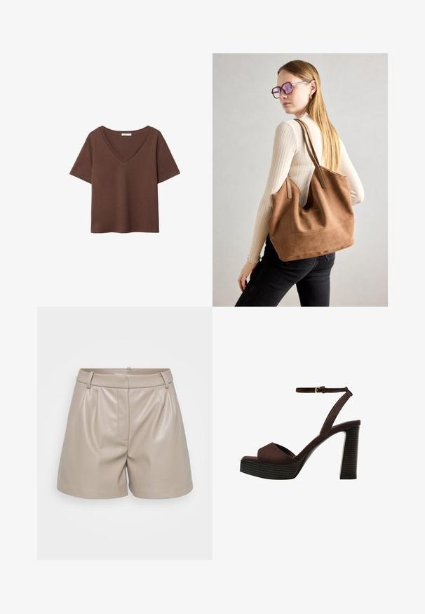 Hnědý bavlněný tričko s krátkými rukávy a hlubokým V-výstřihem. Jednoduchý design, měkká textura a rovný lem. Žádné vzory ani akcenty.; Béžové kožené šortky s hladkou texturou, s plisováním, páskem s poutky na opasek a jednou přední kapsou.; Hnědé semišové sandály na vysokém podpatku s otevřenou špičkou, nastavitelným páskem kolem kotníku a proužkovou platformou.; Hnědá semišová taška přes rameno se soft-touch texturou, velkým otvorem a dlouhými popruhy. Disponuje jednoduchým designem s viditelným šitím a bez kovových prvků.