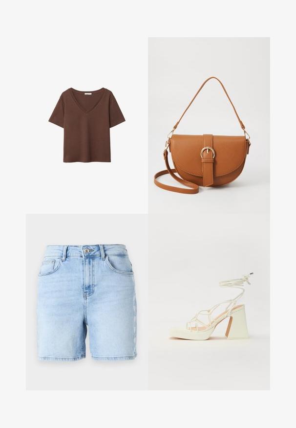 Rjava bombažna majica s kratkimi rokavi in globokim V-izrezom. Preprost dizajn, mehak material in raven rob. Brez vzorcev ali dekorativnih elementov.; Svijetloplave traper šortse s visokim strukom, neurednim rubom, pet džepova i dekorativnom bočnom šavskom šablonom. Napravljeni od pamučnog materijala.; Bela sandala na visokih petah s debelim petam, ki ima obliko trakcev in vezanje okoli gležnja. Gladka tekstura z platformo spredaj za dodatno višino.; Rjava usnjena torbica prek telesa s ukrivljeno obliko, zlate opreme in sponko. Ima odstranljiv naramni trak.