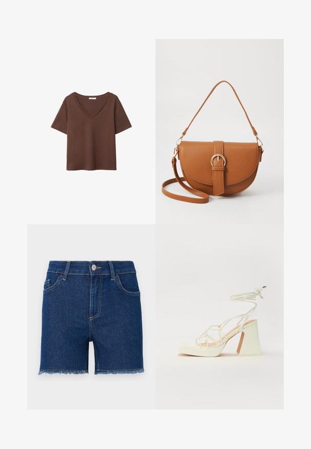 Hnedé bavlnené tričko s krátkymi rukávmi a hlbokým V-výstrihom. Jednoduchý dizajn, jemná textúra a rovný lem. Bez vzorov alebo akcentov.; Džínové šortky v tmavomodrej farbe, stredne vysoké s klasickým päť-vreckovým dizajnom, strihaným lemom a žltými šitím.; Biele sandále na vysokom opätku s hrubým podpätkom, s pruhovaným dizajnom a viazaním na členku. Hladký povrch s platformou vpredu pre zvýšenú výšku.; Hnedá kožená kabelka cez telo s zakriveným tvarom, zlatými kovovými doplnkami a akcentom s prackou. Obsahuje odnímateľný ramenný popruh.