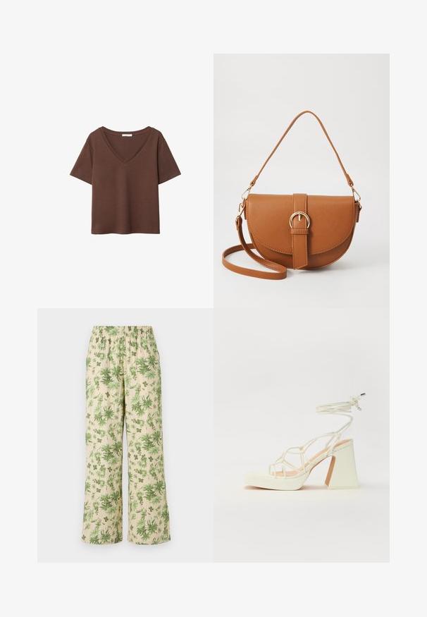Brązowy bawełniany t-shirt z krótkimi rękawami i głębokim dekoltem w kształcie litery V. Prosty design, miękka faktura i prosty krój u dołu. Brak wzorów i akcentów.; Spodnie w kwiatowy print z szerokimi nogawkami i elastycznym pasem; posiadają zielone liście na beżowym tle oraz teksturowane wykończenie materiału.; Biała sandał na wysokim obcasie z masywnym słupkiem, z paskowym wzorem i wiązaniem przy kostce. Gładka faktura z platformą z przodu dla dodatkowej wysokości.; Brązowa skórzana torba na ramię o zaokrąglonym kształcie, ze złotymi akcentami i zapięciem w formie klamry. Posiada odpinany pasek na ramię.