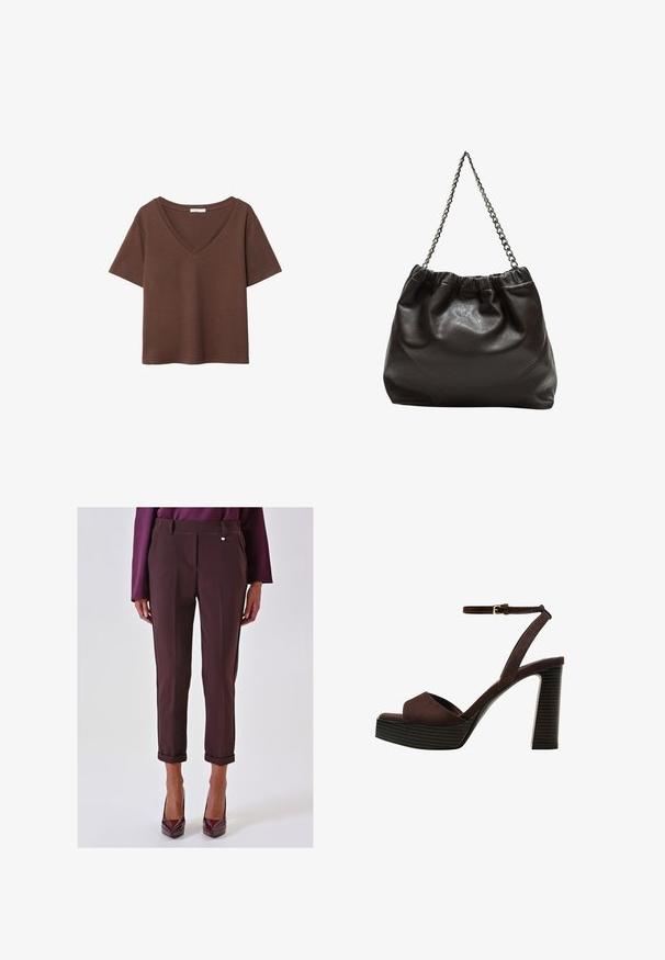 T-shirt in cotone marrone con maniche corte e scollo a V profondo. Design semplice, texture morbida e orlo dritto. Senza fantasie o dettagli.; Pantaloni marroni su misura con orlo arrotolato, tasche laterali e un sottile dettaglio argentato, realizzati in un tessuto liscio.; Sandal in camoscio marrone con tacco alto, punta aperta, cinturino alla caviglia regolabile e suola a piattaforma striata.; Borsa in pelle marrone con parte superiore arricciata e tracolla a catena. Texture liscia con finitura lucida e dettagli di cucitura sottili sui lati.