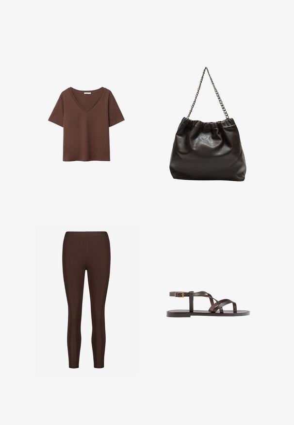 Braunes Baumwoll-T-Shirt mit kurzen Ärmeln und tiefem V-Ausschnitt. Einfaches Design, weiche Textur und gerade Saumlinie. Keine Muster oder Akzente.; Braune dehnbare Leggings mit glatter Textur, ausgestattet mit einem hohen Taillenbund und einem taillierten Bein-Design, geeignet für aktive oder legere Outfits.; Braune Leder-Sandale mit überkreuzten Riemen, einem Knöchelriemen mit Schnalle und einer flachen Sohle mit minimalen Nähdetails.; Braune Lederhandtasche mit gerafftem Oberteil und Kettenriemen. Glatte Textur mit glänzendem Finish und subtilen Nahtdetails an den Seiten.