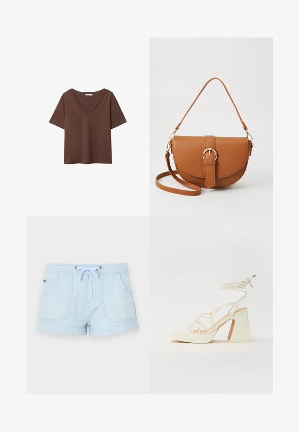 Ruskea puuvillapaita, jossa on lyhyet hihat ja syvä V-kaula-aukko. Yksinkertainen muotoilu, pehmeä rakenne ja suora helma. Ei kuvioita tai yksityiskohtia.; Vaaleansiniset pellavashortsit, jossa on nauhavyötärö, kaksi etutaskua, ommellut yksityiskohdat ja rento malli. Sileä pinta, rento muotoilu.; Valkoinen korkokenkä, jossa on paksu korko, ja joka sisältää nauhakiinnityksen ja nilkkaketjun. Sujuva pinta, jossa on platform-etupohja lisäkorkeutta varten.; Ruskean nahkainen olkalaukku, jossa on kaareva muoto, kultaiset yksityiskohdat ja solkiyksityiskohta. Varustettu irrotettavalla olkahihnalla.