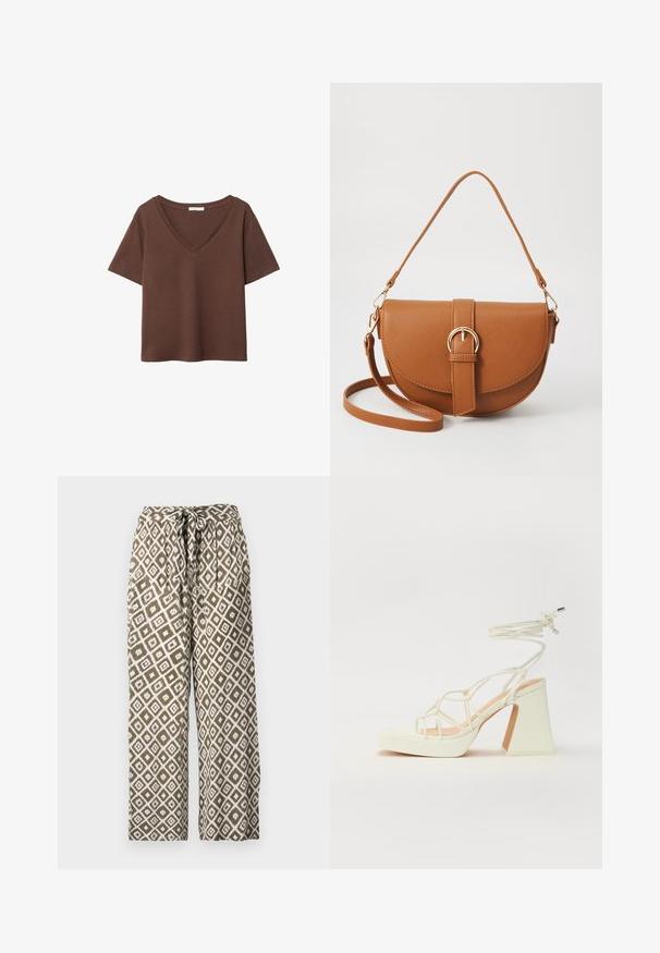 Brun bomulls t-shirt med korta ärmar och djup V-ringning. Enkel design, mjuk textur och rak fåll. Inga mönster eller dekorationer.; Tryckta vida byxor i olivgrön och vit. Har ett diamantmönster och dragsko i midjan. Tillverkade av lättviktigt material.; Vit högklackad sandal med en kraftig klack, med ett remdesign och ankelband. Slät textur med en plattform framtill för ökad höjd.; Brun läder crossbody-väska med en böjd form, gyllene detaljer och en spänneaccent. Har en avtagbar axelrem.