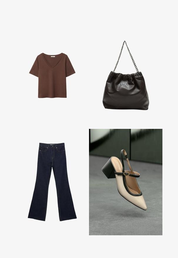 Hnědý bavlněný tričko s krátkými rukávy a hlubokým V-výstřihem. Jednoduchý design, měkká textura a rovný lem. Žádné vzory ani akcenty.; Tmavě modré denimové zvonové džíny s klasickým pětikapsovým designem a viditelným švem. Materiál má hladkou strukturu s minimálním vyblednutím.; Beige boty s špičatou špičkou a otevřenou patou, černými detaily, zlatou přezkou a silným blokovým podpatkem, na šedé podlaze s tmavě zeleným pozadím.; Hnědá kožená taška se sbíraným vrškem a řetízkovým popruhem. Hladký povrch s lesklým finišem a jemným švem na bocích.