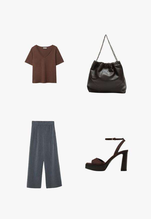 Brązowy bawełniany t-shirt z krótkimi rękawami i głębokim dekoltem w kształcie litery V. Prosty design, miękka faktura i prosty krój u dołu. Brak wzorów i akcentów.; Szerokie nogawki w ciemnoszarym kolorze, z fakturowanej tkaniny, z plisowanym przodem oraz wysokim stanem z gładkim pasem.; Brązowe zamszowe sandały na wysokim obcasie z odkrytymi palcami, regulowanym paskiem na kostce i paskowatą podeszwą.; Brązowa skórzana torba z marszczonym szczytem i łańcuszkowym paskiem. Gładka tekstura z błyszczącym wykończeniem i subtelnymi detalami szwów po bokach.